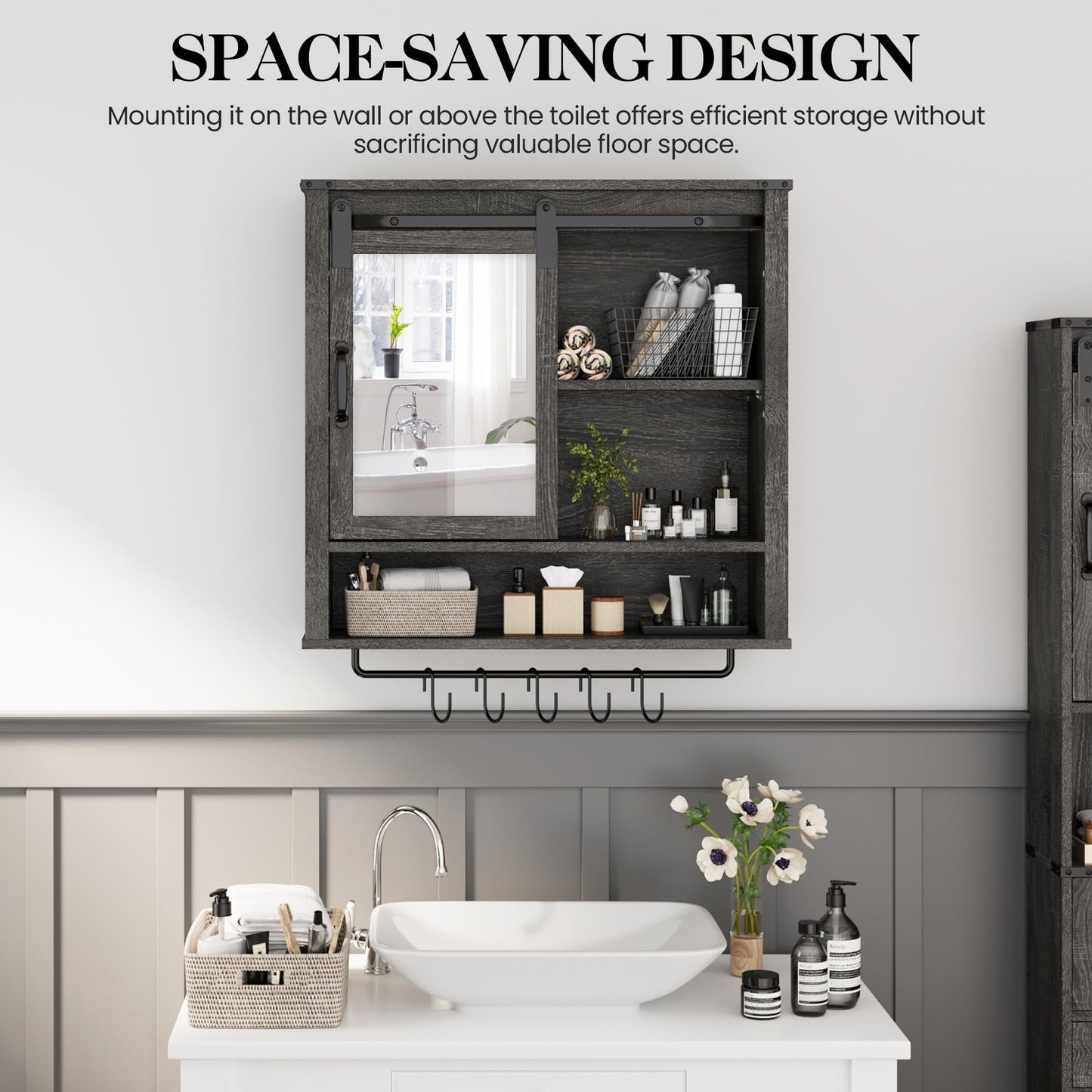 CozyHome 28in Bathroom Cabinet Wall Mount with Sliding Mirror Door, Over The Toilet Storage Cabinet, Farmhouse Medicine Cabinet with Shelves and Towel Bar for Living Room, 28" W x 29" H, Dark Grey