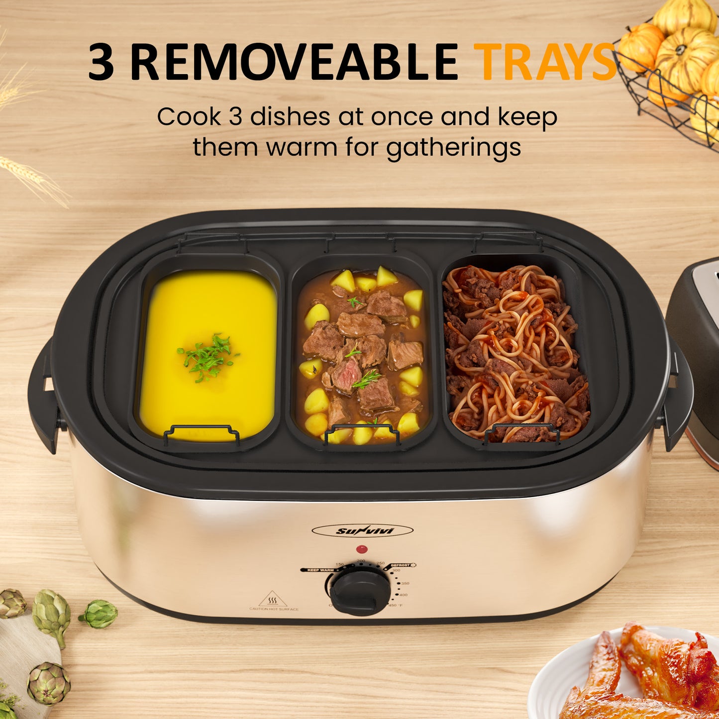 Electric Roaster Oven, 18 QT Turkey Roaster with Self-Basting Lid and Buffet Server, Roaster Oven with Adjustable Temperature Control, Removable Pan & Rack for Turkey, Pizza, Meat, Stainless Steel, Silver