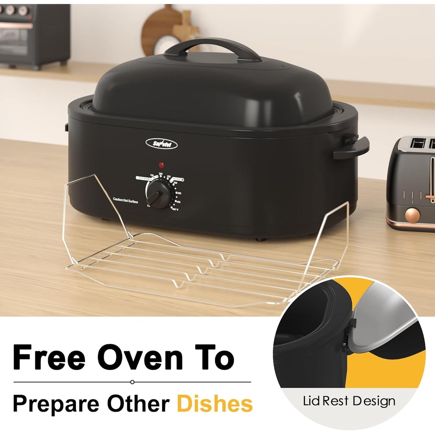 Superjoe Oven with Self-Basting Lid,20 Quart Electric Roaster with Removable Pan & Rack,150-450°F Full-Range Temperature Control with Defrost/Warm Function,Stainless Steel,Black