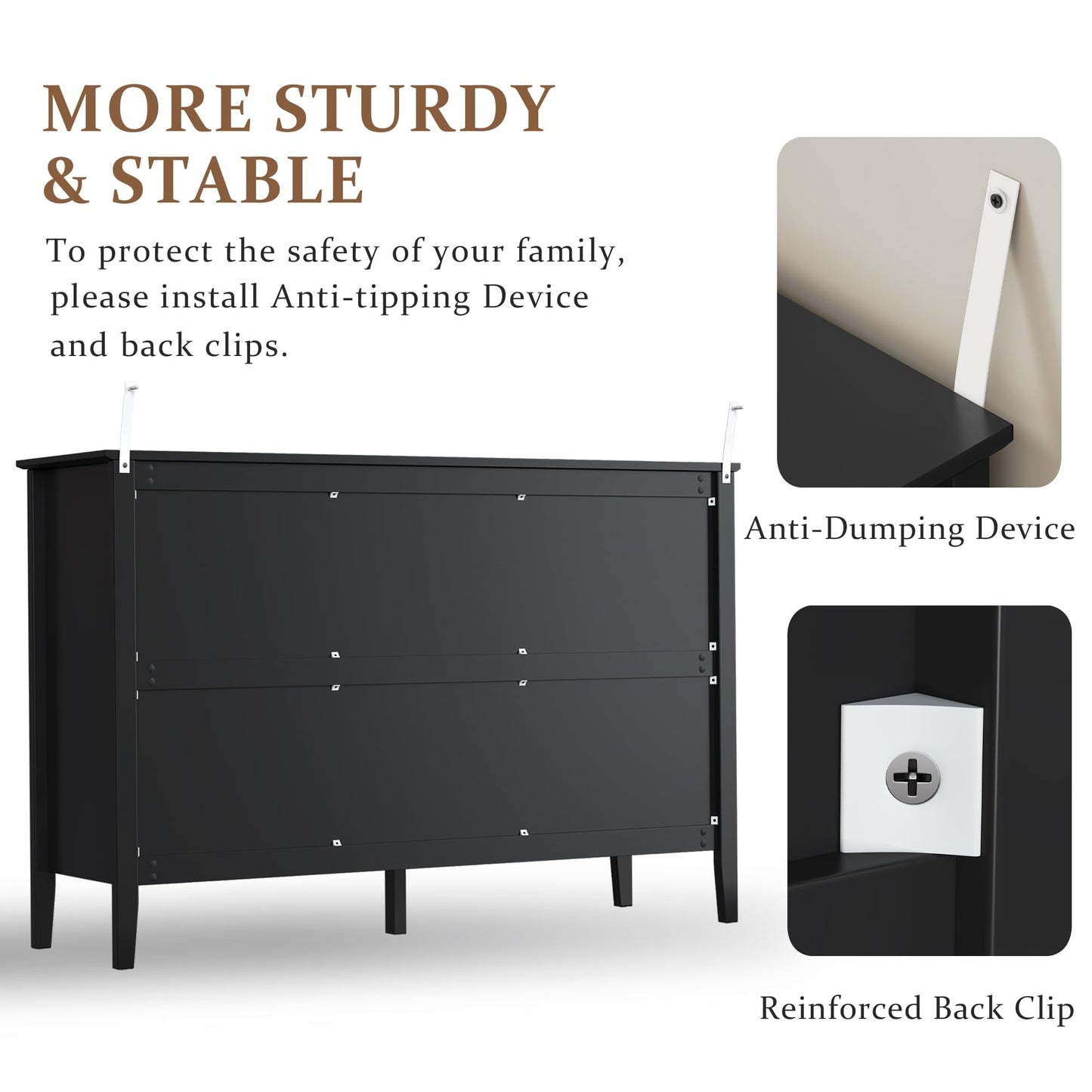 Black Dresser Fluted 6 Drawer Dresser Wide Modern Chest of Drawers Large Closet Dressers Wood Storage Dressers Organizer Storage Cabinet for Bedroom Living Room Hallway Entryway