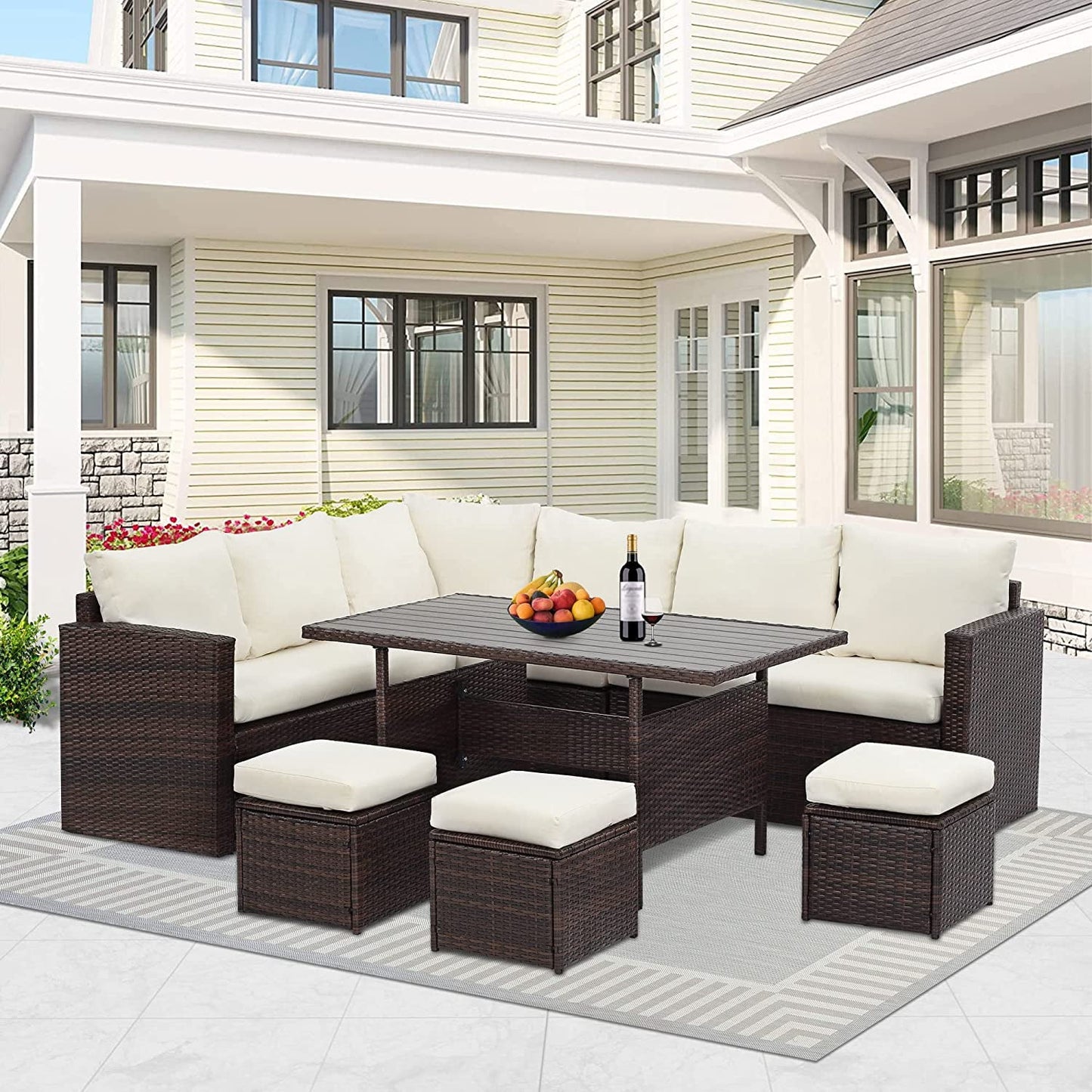 CozyHom 7 Pcs Outdoor Patio PE Wicker Sectional Dining Sofa Furniture Set, Rattan Sectional Conversation Furniture Set With Dining Table, Beige
