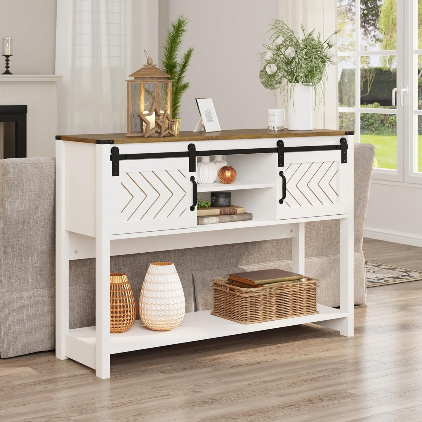 CozyHom Console Table With Storages&Shelves, Side Entryway Table With Sliding Barn Doors for Office, Bedroom, White-Brown
