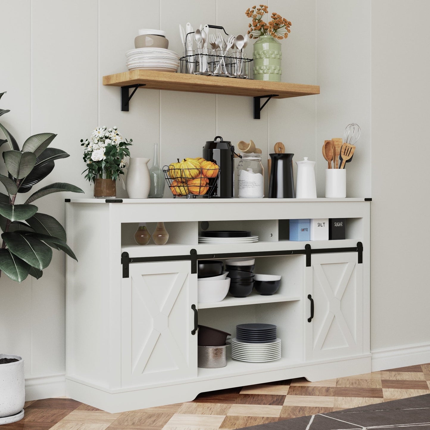 CozyHom Farmhouse TV Stand Coffee Bar Cabinet With Storage, Sliding Doors Cabinet TV Storage Cabinet Sideboard, Pure White