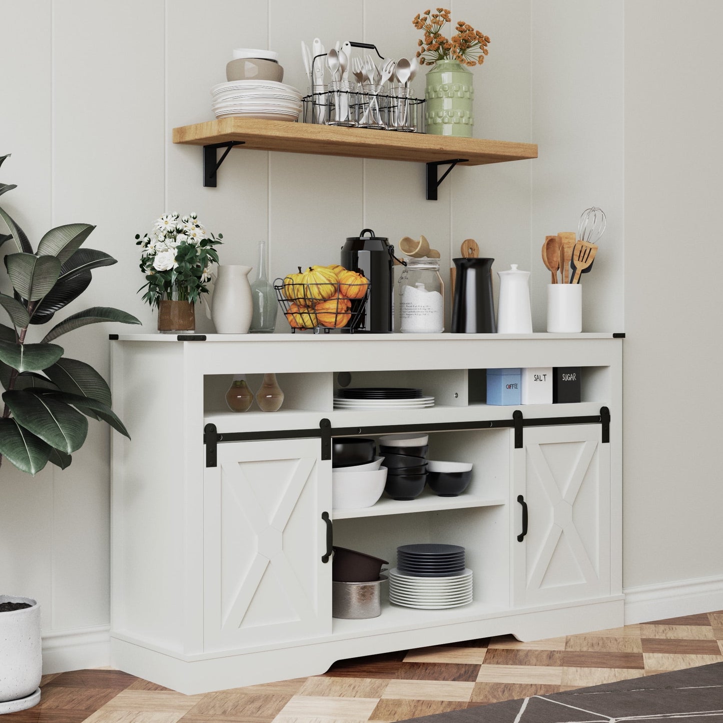 CozyHom Farmhouse TV Stand Coffee Bar Cabinet With Storage, Sliding Doors Cabinet TV Storage Cabinet Sideboard, Pure White