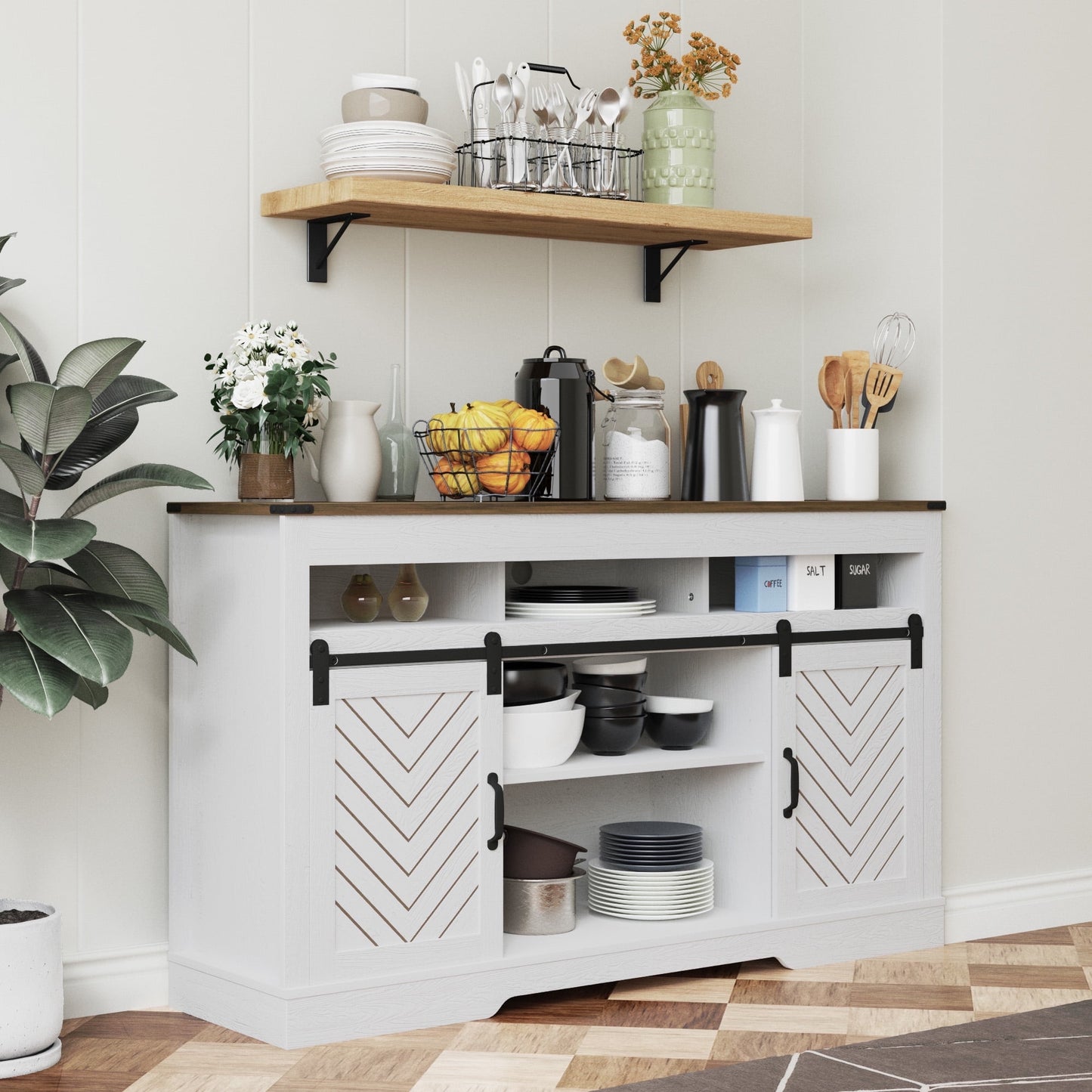 CozyHom Farmhouse TV Stand Coffee Bar Cabinet With Storage, Sliding Doors TV Storage Cabinet Sideboard, White