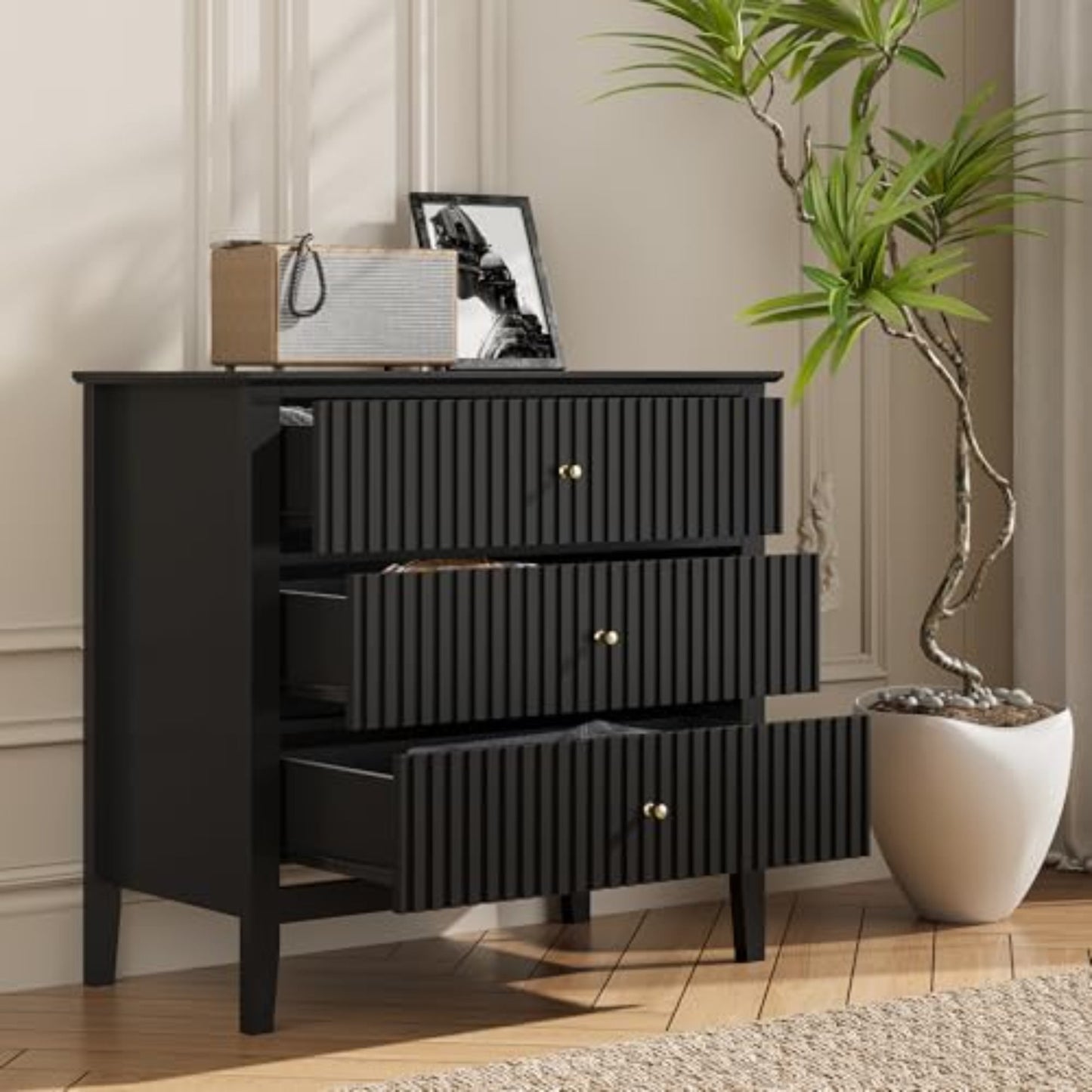 CozyHome Black 3 Drawer Dresser, Painted 30 Inch Tall Wood Nightstand with Storage, Wide Modern Chest of Drawers with Ball Bearing Slide for Bedroom Hallway Living Room Entryway Office