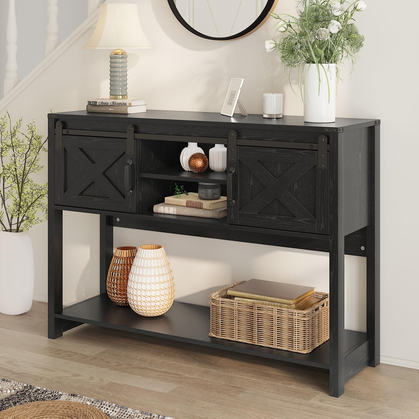 CozyHome Farmhouse Entryway Table with Storage, 46" Console Table with Sliding Barn Door, Wood Rustic Sofa Table with Adjustable Shelf for Hallway, Living Room, Foyer, Black
