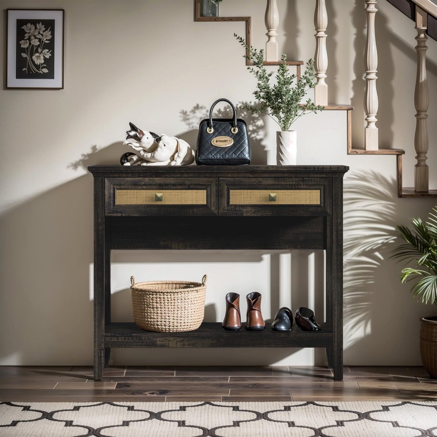 CozyHome Rattan Console Table, Boho Entryway Table with 2 Drawers and Storage Shelf, Long Wood Sofa Table for Living Room, Entryway, Front Hall, Hallway, Coffee