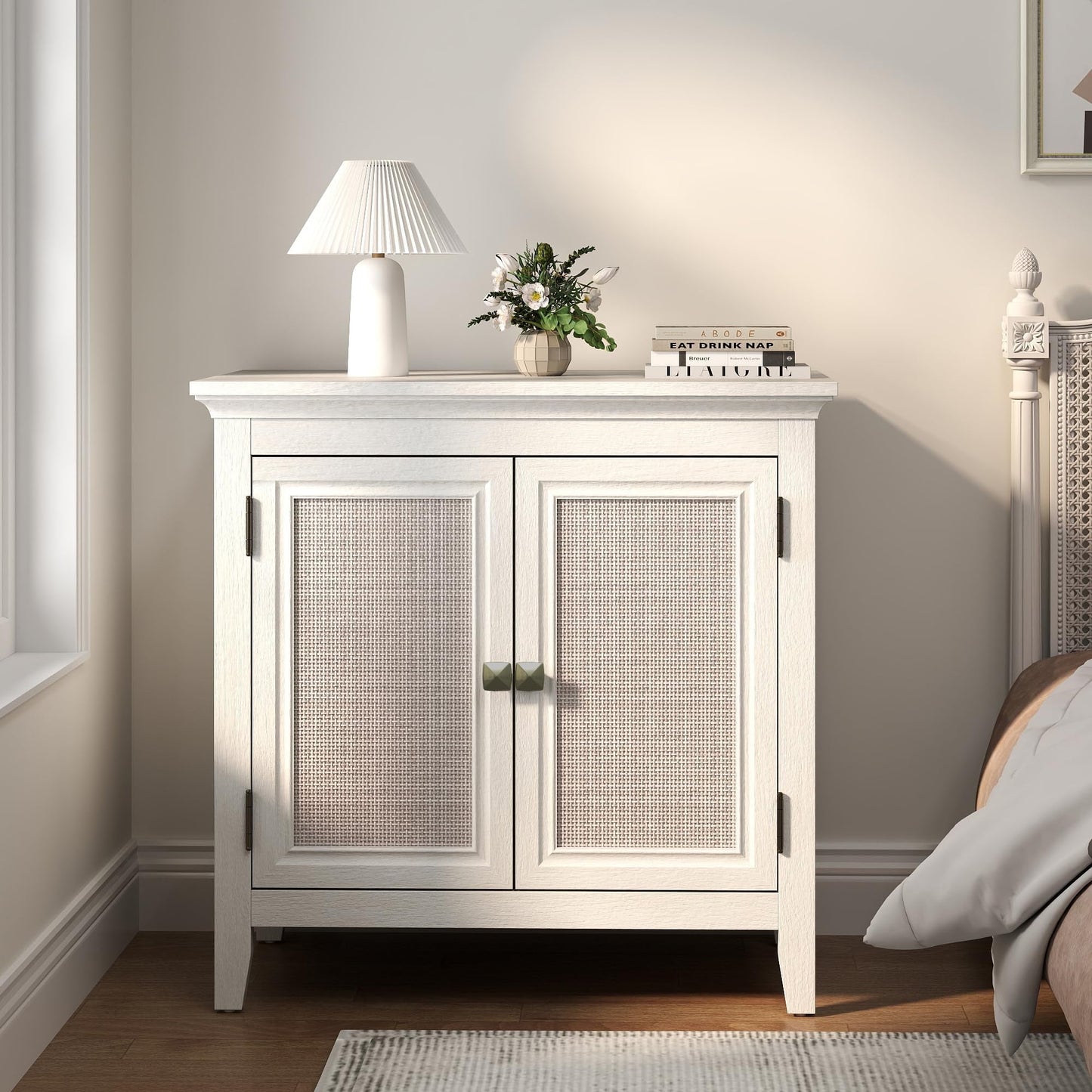 CozyHome Storage Cabinet, Kitchen Sideboard Cabinet with Rattan Decor Doors, Accent Buffet Cabinet with Adjustable Storage Shelf, Wood Cabinet Organizer for Hallway, Dining Room, Living Room, White