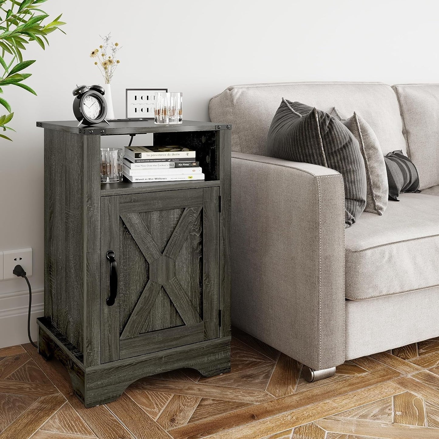 RoyalCraft White Nightstand with Charging Station, Farmhouse Bedside Table with X-Shaped Design,Wooden Rustic End Table with Large Storage Room and Shelf for Bedroom, Living Room