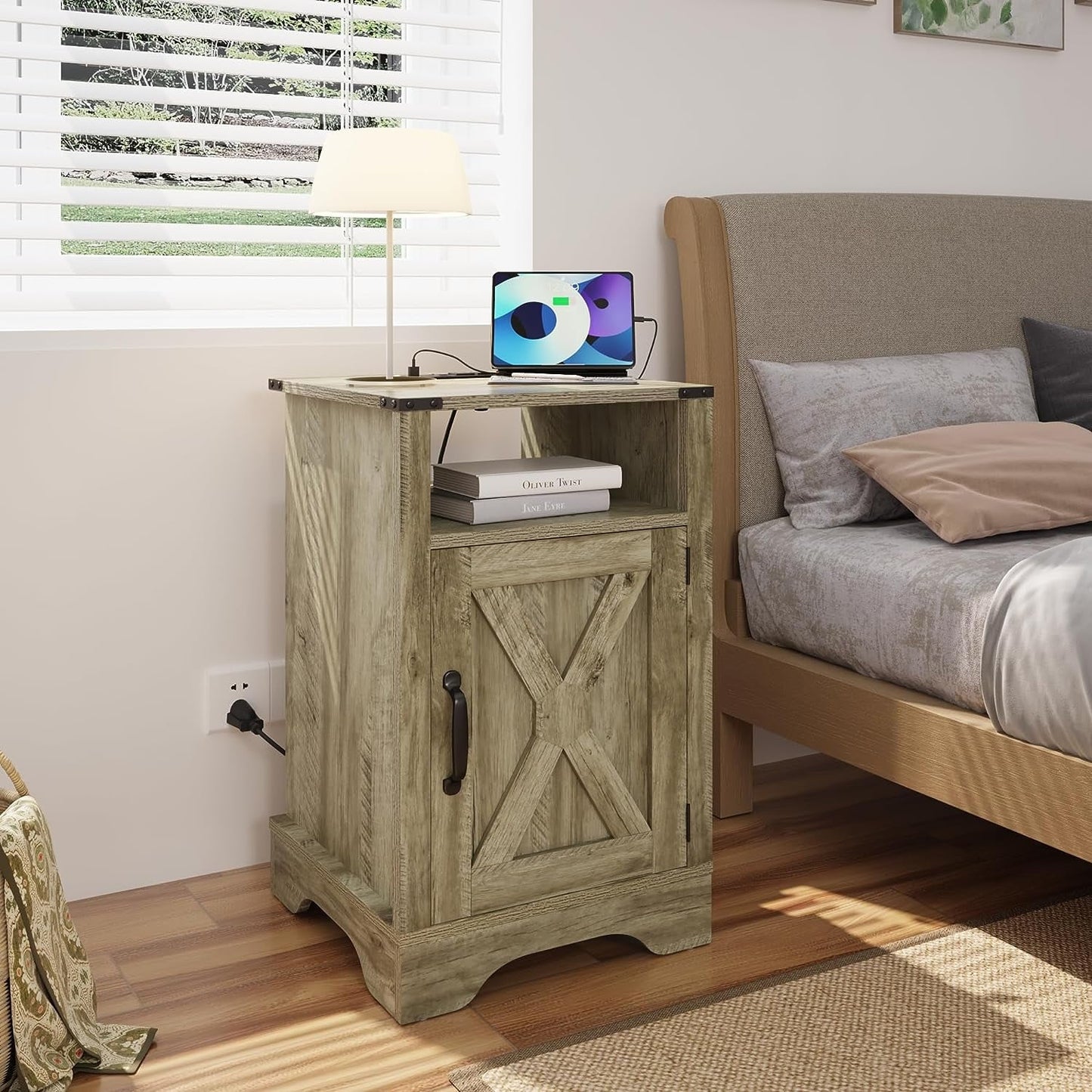 RoyalCraft White Nightstand with Charging Station, Farmhouse Bedside Table with X-Shaped Design,Wooden Rustic End Table with Large Storage Room and Shelf for Bedroom, Living Room