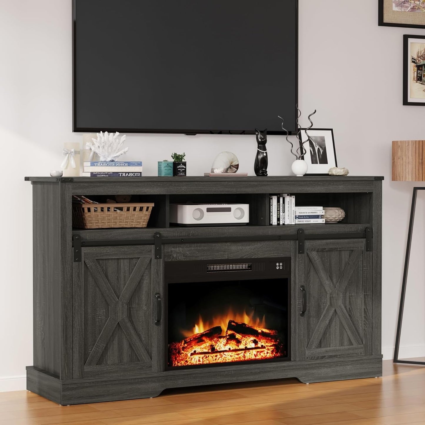 RoyalCraft Fireplace TV Stand for 65+ inch TV, Farmhouse Entertainment Center with 23" Electric Fireplace with Remote, Modern Rustic TV Console with Sliding Bar Door for Living Room
