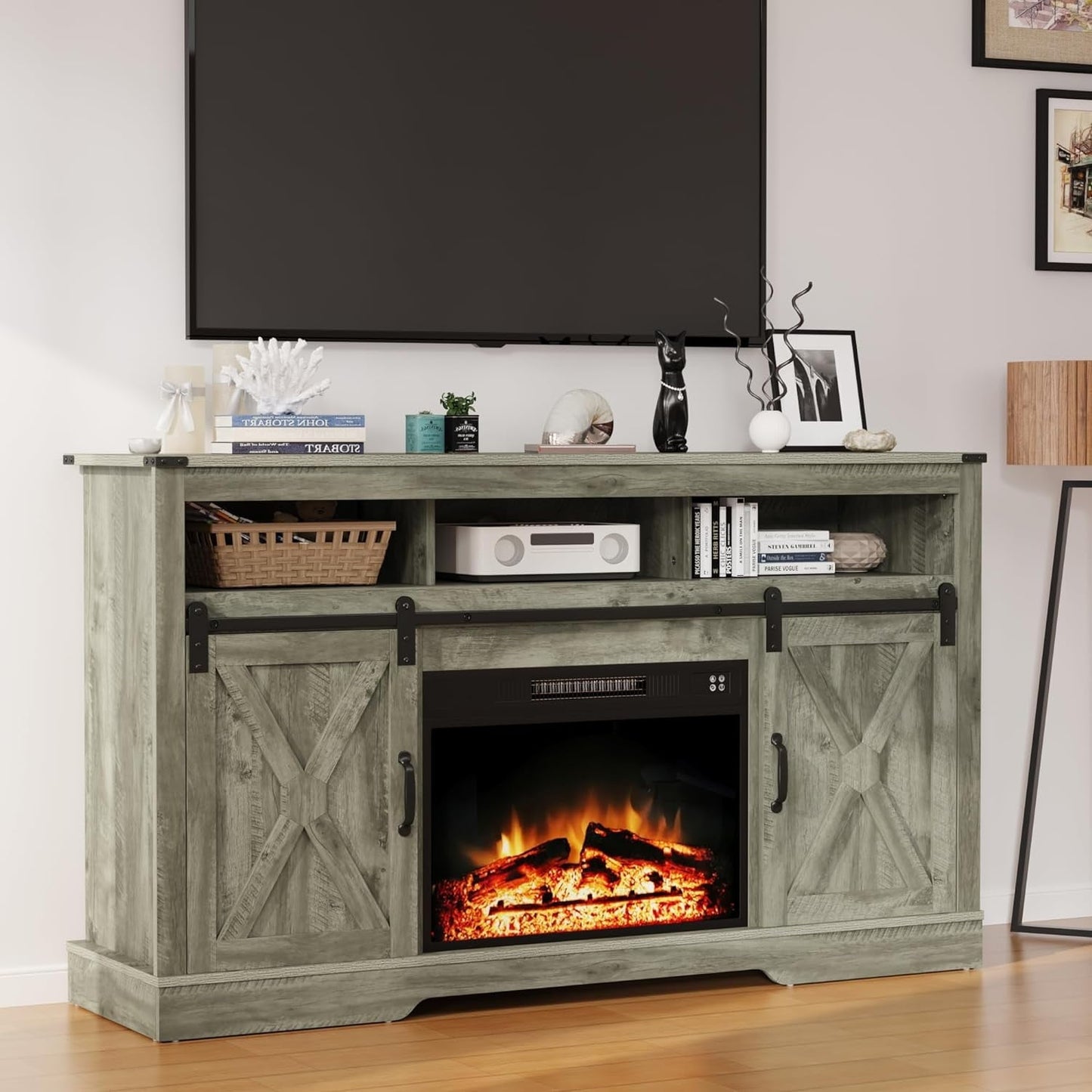 RoyalCraft Fireplace TV Stand for 65+ inch TV, Farmhouse Entertainment Center with 23" Electric Fireplace with Remote, Modern Rustic TV Console with Sliding Bar Door for Living Room
