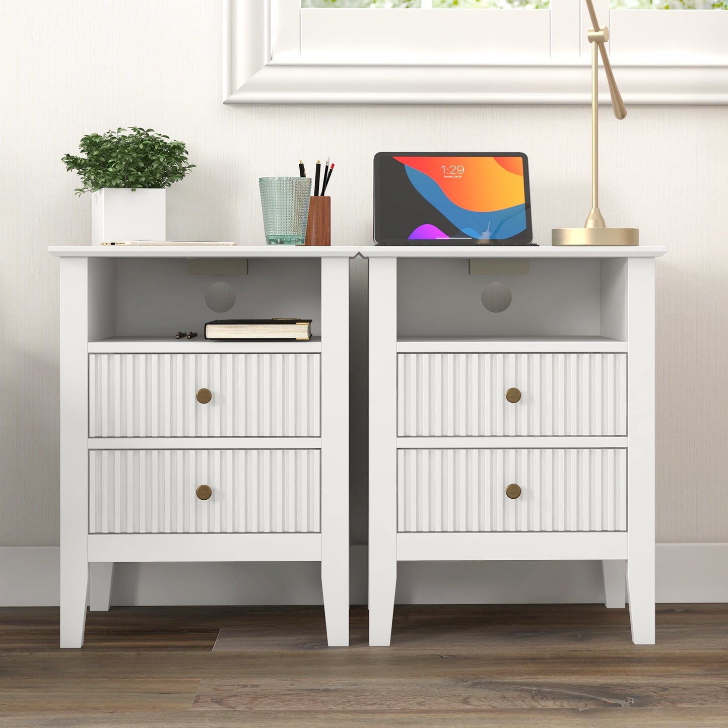 RoyalCraft Fluted Nightstand Set of 2 with Charging Station, White End Table with 2 Silent Slide Drawers & Storage Shelf, Modern Side Table, Wood Night Stand Cabinet for Living Room, Bedroom