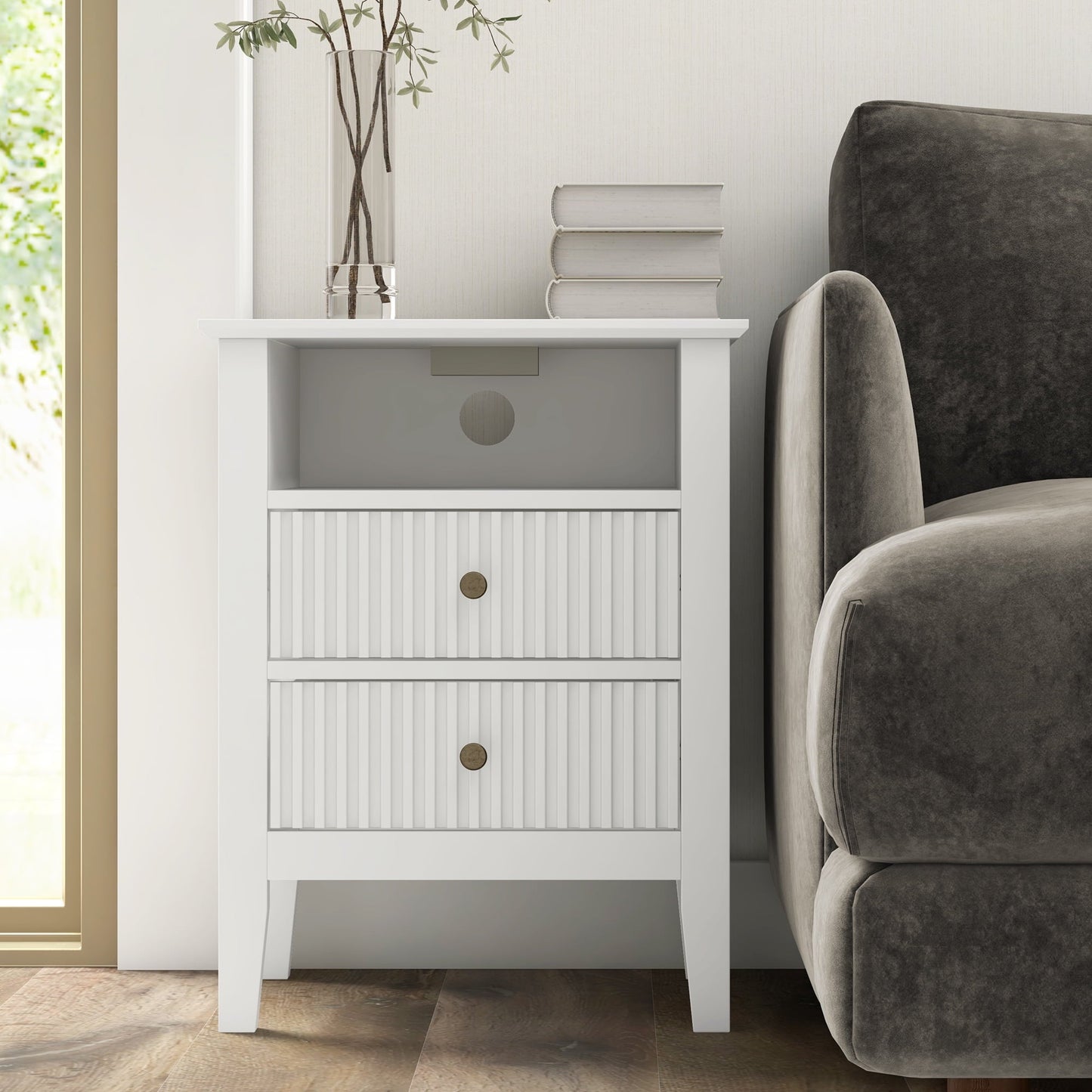 RoyalCraft Fluted Nightstand Set of 2 with Charging Station, White End Table with 2 Silent Slide Drawers & Storage Shelf, Modern Side Table, Wood Night Stand Cabinet for Living Room, Bedroom