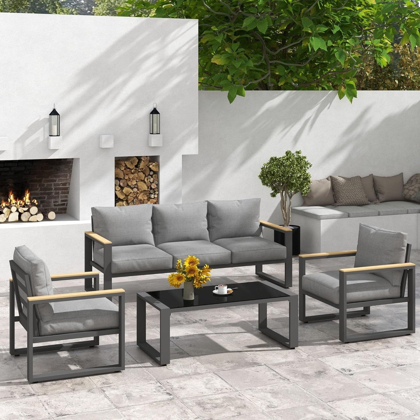 RoyalCraft Aluminum Patio Furniture Set, 7 Piece Outdoor Conversation Set with Coffee Table, Metal Outdoor Patio Furniture Set for Porch Backyard Garden, Grey