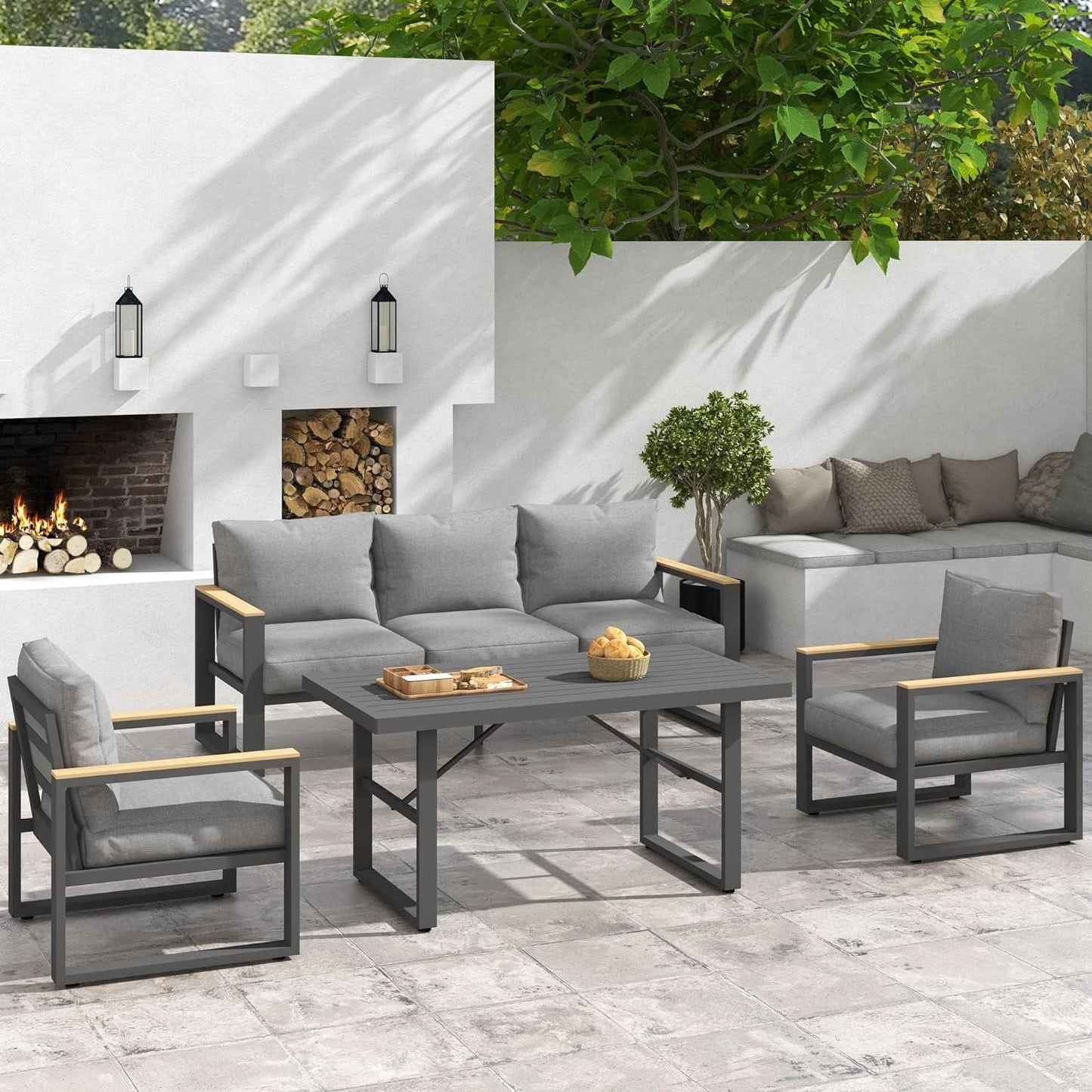 RoyalCraft Aluminum Patio Furniture Set, 7 Piece Outdoor Conversation Set with Coffee Table, Metal Outdoor Patio Furniture Set for Porch Backyard Garden, Grey