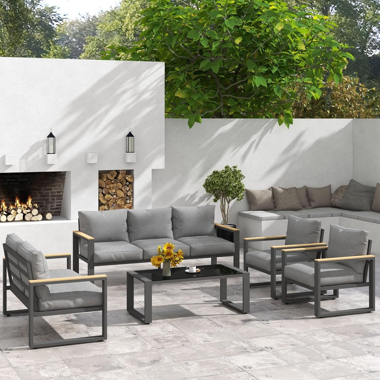 RoyalCraft Aluminum Patio Furniture Set, 7 Piece Outdoor Conversation Set with Coffee Table, Metal Outdoor Patio Furniture Set for Porch Backyard Garden, Grey