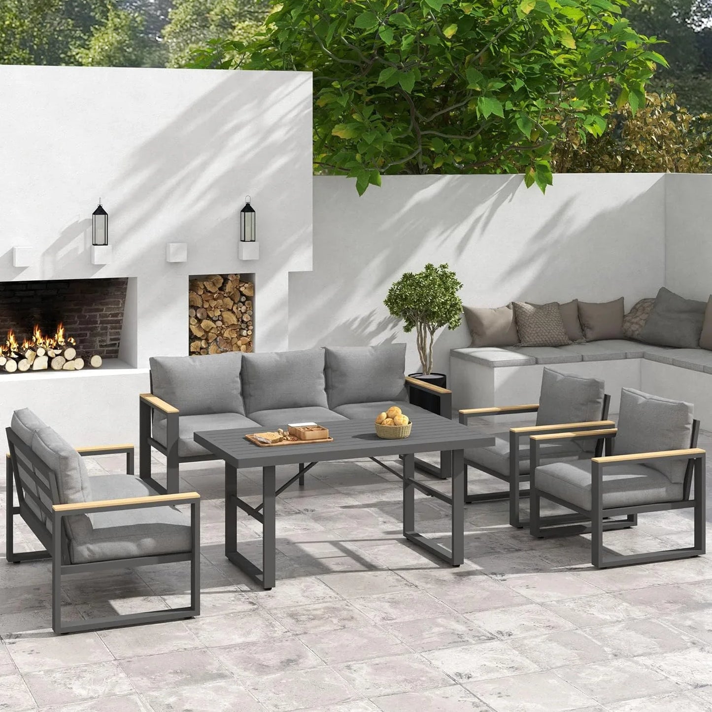 RoyalCraft Aluminum Patio Furniture Set, 7 Piece Outdoor Conversation Set with Coffee Table, Metal Outdoor Patio Furniture Set for Porch Backyard Garden, Grey
