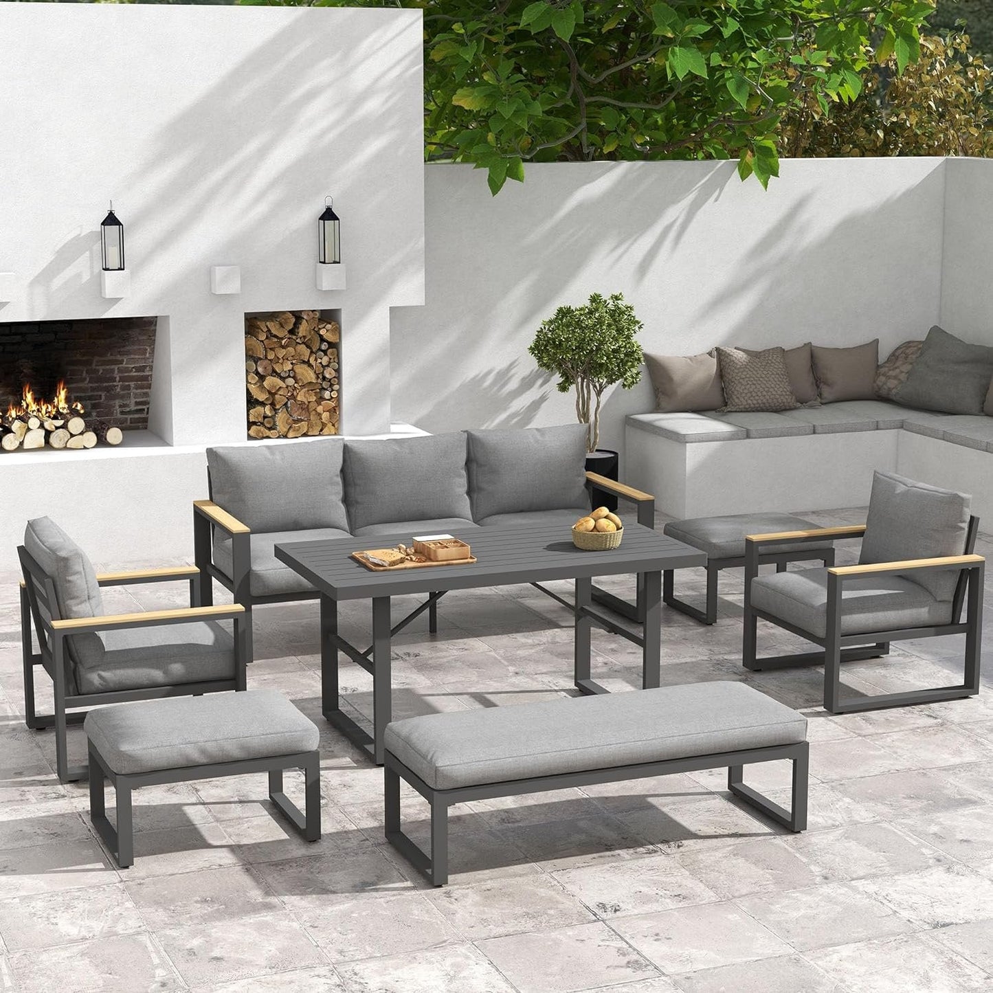 RoyalCraft Aluminum Patio Furniture Set, 7 Piece Outdoor Conversation Set with Coffee Table, Metal Outdoor Patio Furniture Set for Porch Backyard Garden, Grey