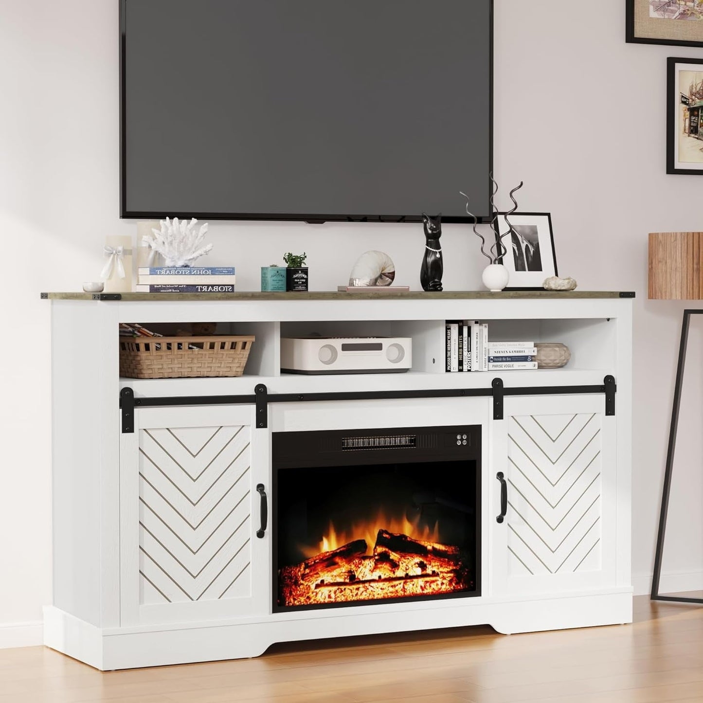RoyalCraft Fireplace TV Stand for 65+ inch TV, Farmhouse Entertainment Center with 23" Electric Fireplace with Remote, Modern Rustic TV Console with Sliding Bar Door for Living Room