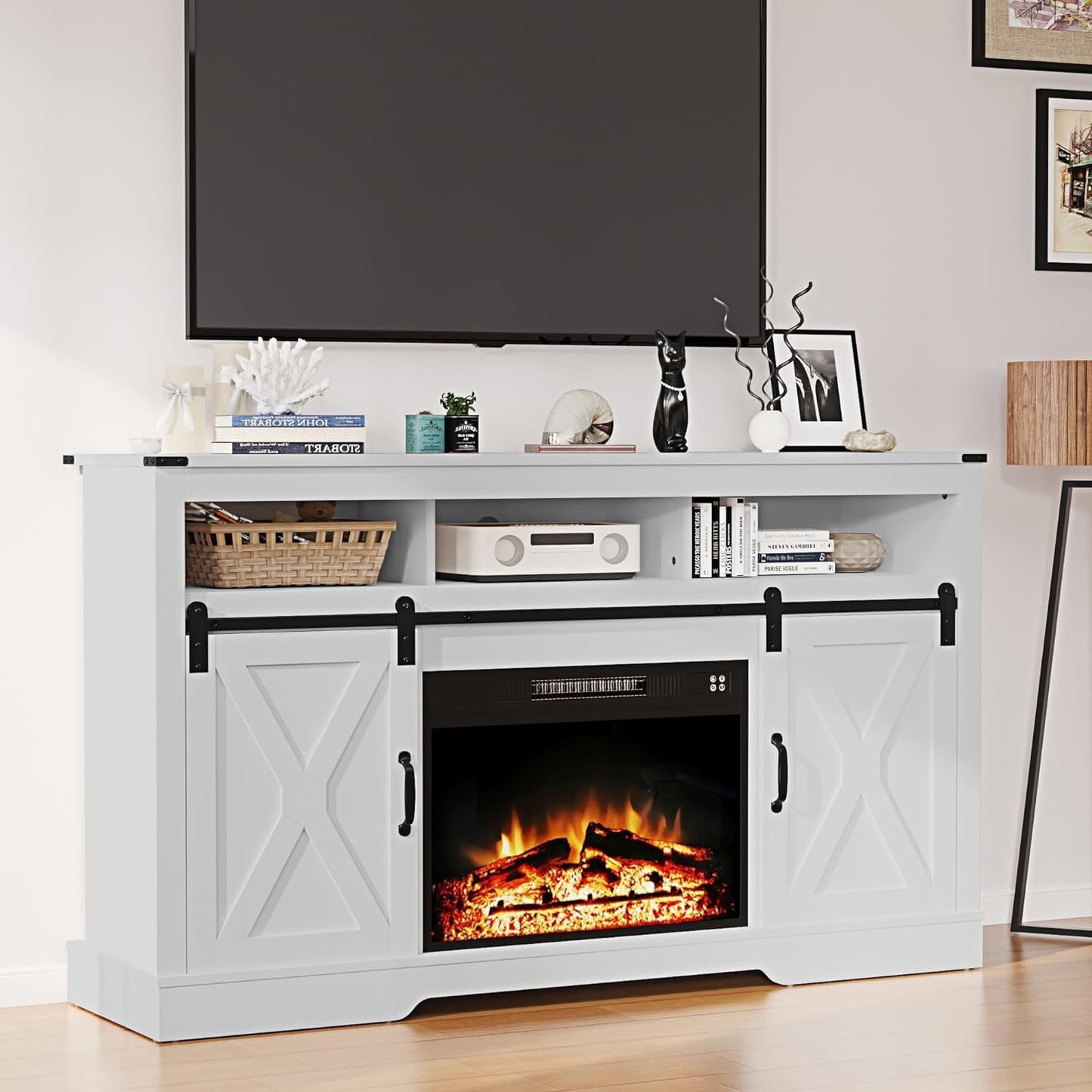 RoyalCraft Fireplace TV Stand for 65+ inch TV, Farmhouse Entertainment Center with 23" Electric Fireplace with Remote, Modern Rustic TV Console with Sliding Bar Door for Living Room