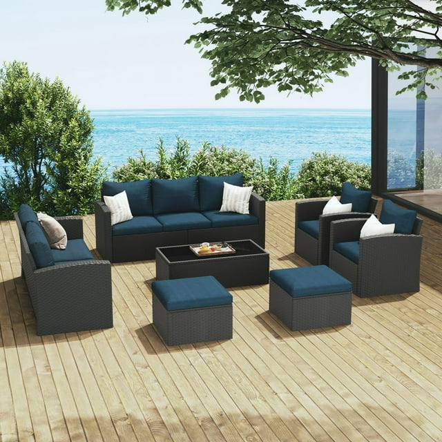 Royalcraft 9 Pieces Patio Furniture Set, All Weather PE Wicker Rattan Outdoor Sectional Sofa with Storage Box and Cushion, Outdoor Furniture for Lawn Backyard Poolside Porch