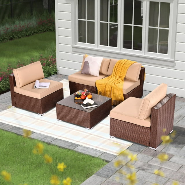 Royalcraft Patio Furniture Set,6 Pieces Outdoor Brown Wicker Patio Furniture Sets with Ottoman,Outdoor Sectional Furniture Patio Couch Set with Beige Anti-Slip Cushion
