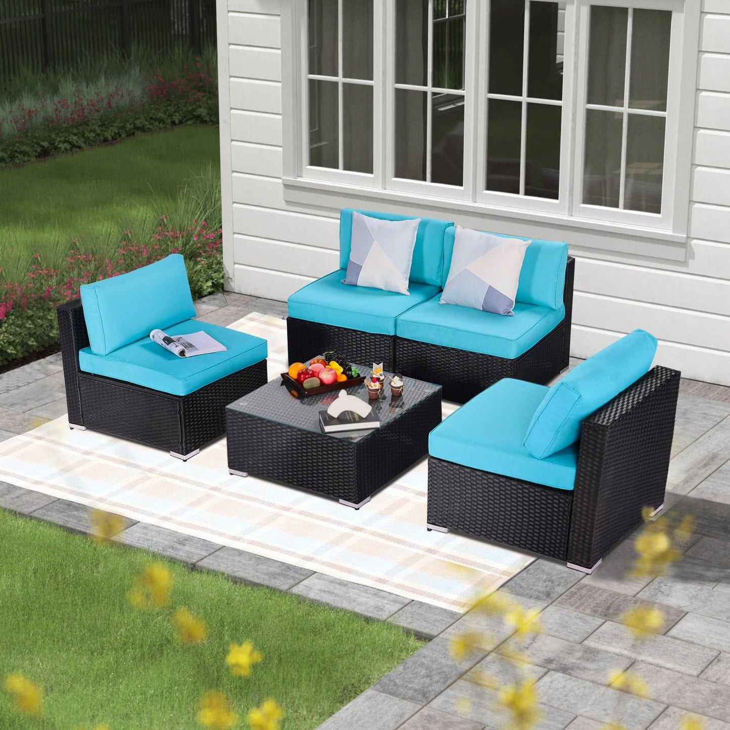 Royalcraft Patio Furniture Set,6 Pieces Outdoor Brown Wicker Patio Furniture Sets with Ottoman,Outdoor Sectional Furniture Patio Couch Set with Beige Anti-Slip Cushion