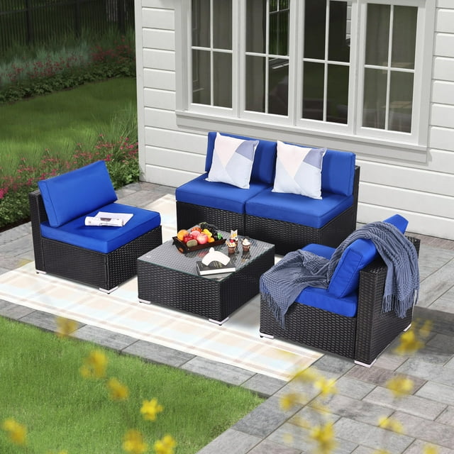 Royalcraft Patio Furniture Set,6 Pieces Outdoor Brown Wicker Patio Furniture Sets with Ottoman,Outdoor Sectional Furniture Patio Couch Set with Beige Anti-Slip Cushion