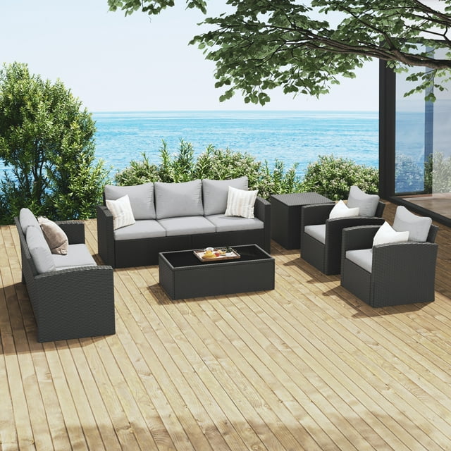 Royalcraft 9 Pieces Patio Furniture Set, All Weather PE Wicker Rattan Outdoor Sectional Sofa with Storage Box and Cushion, Outdoor Furniture for Lawn Backyard Poolside Porch