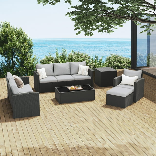 Royalcraft 9 Pieces Patio Furniture Set, All Weather PE Wicker Rattan Outdoor Sectional Sofa with Storage Box and Cushion, Outdoor Furniture for Lawn Backyard Poolside Porch