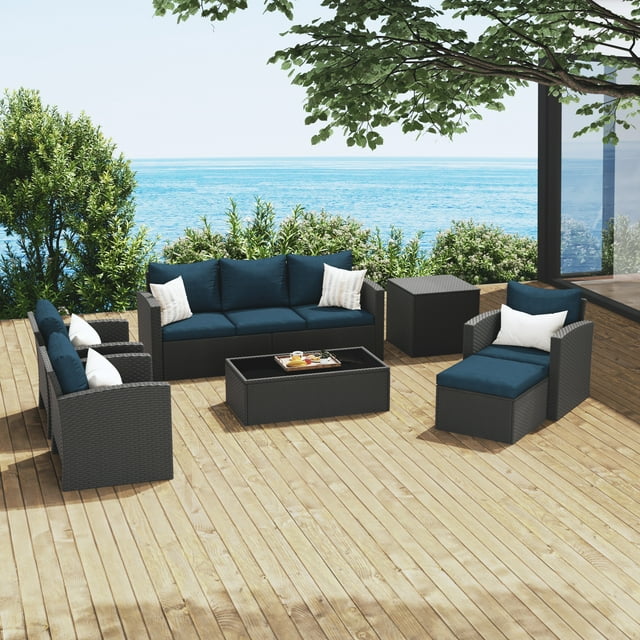 Royalcraft 9 Pieces Patio Furniture Set, All Weather PE Wicker Rattan Outdoor Sectional Sofa with Storage Box and Cushion, Outdoor Furniture for Lawn Backyard Poolside Porch
