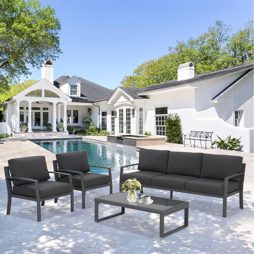 Royalcraft Aluminum Patio Furniture, Outdoor Metal Patio Furniture Conversation Set with Coffee Table, Outside Patio Sofa Sets with Cushion for Balcony Backyard Garden, Beige