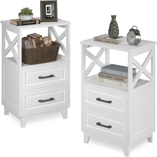 White Nightstand, Farmhouse Side Table with Storage Drawers and Open Shelf, Wooden Rustic End Table for Bedroom, Living Room