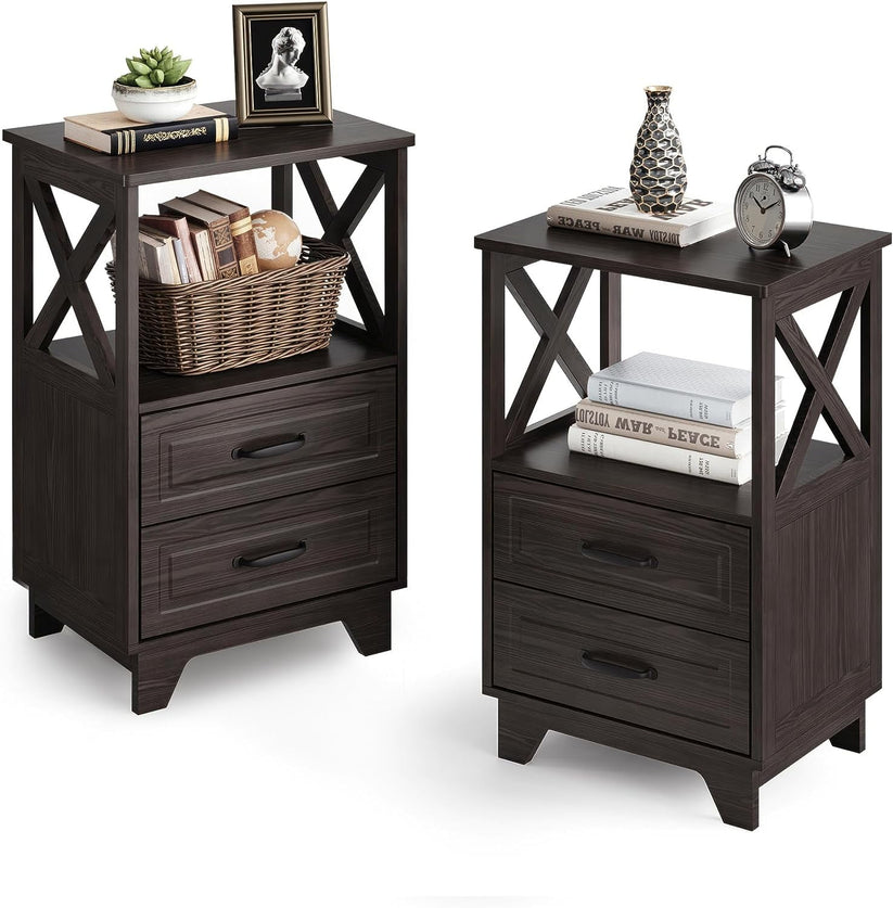 White Nightstand, Farmhouse Side Table with Storage Drawers and Open Shelf, Wooden Rustic End Table for Bedroom, Living Room