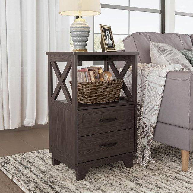 White Nightstand, Farmhouse Side Table with Storage Drawers and Open Shelf, Wooden Rustic End Table for Bedroom, Living Room