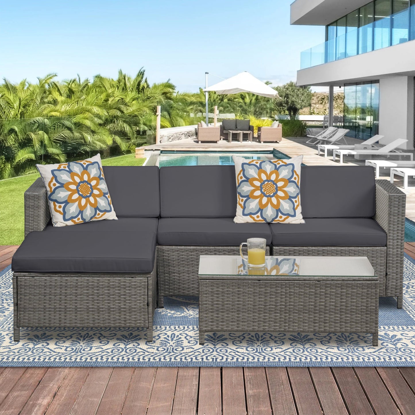 Royalcraft Patio Furniture Set,6 Pieces Outdoor Brown Wicker Patio Furniture Sets with Ottoman,Outdoor Sectional Furniture Patio Couch Set with Beige Anti-Slip Cushion