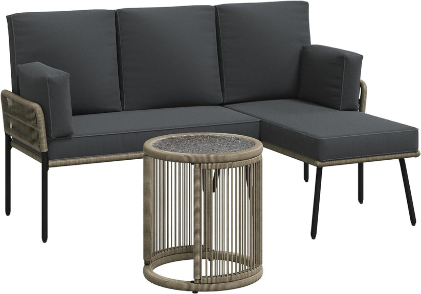 Royalcraft Patio Furniture Set, Outdoor Sectional Furniture Sets with Woven Rope Accents and 4-inch Cushions, L-Shaped Patio Conversation Sets with Detachable Lounger and Side Table