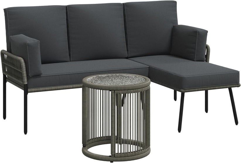 Royalcraft Patio Furniture Set, Outdoor Sectional Furniture Sets with Woven Rope Accents and 4-inch Cushions, L-Shaped Patio Conversation Sets with Detachable Lounger and Side Table