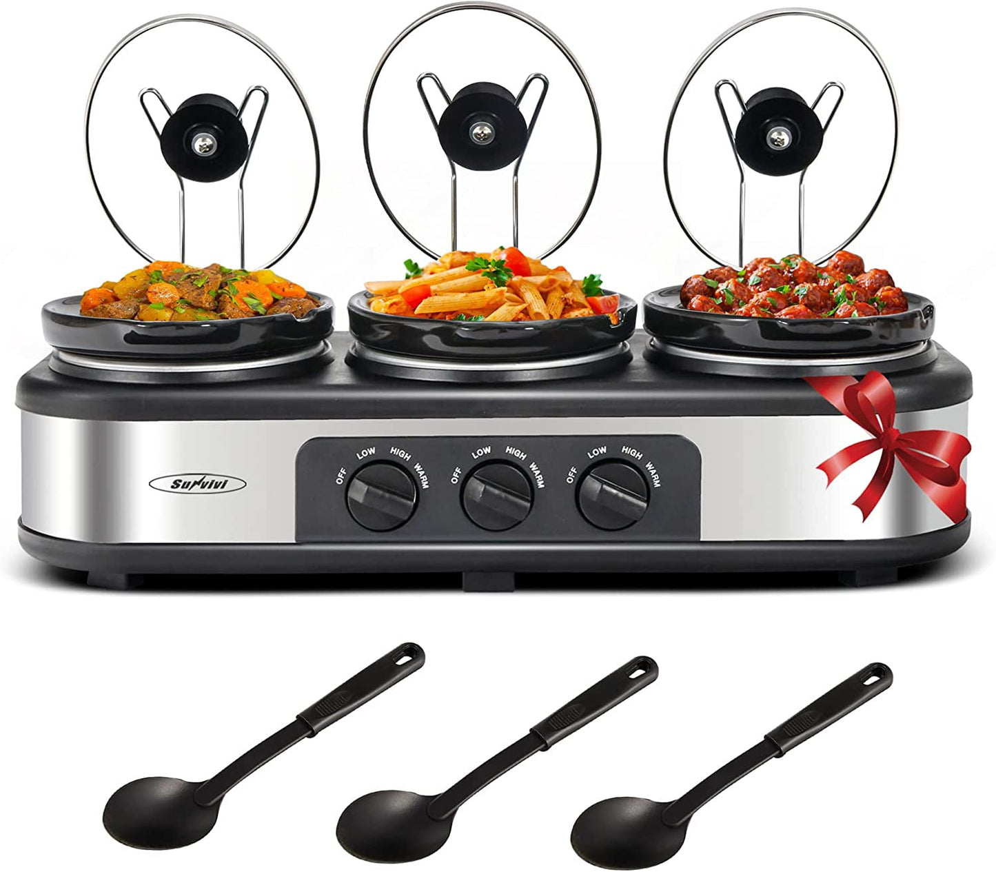 SUNVIVI Dual Pot Slow Cooker, 2 Pot Small Mini Crock Buffet Server and Warmer with Ceramic Pot, Adjustable Temp