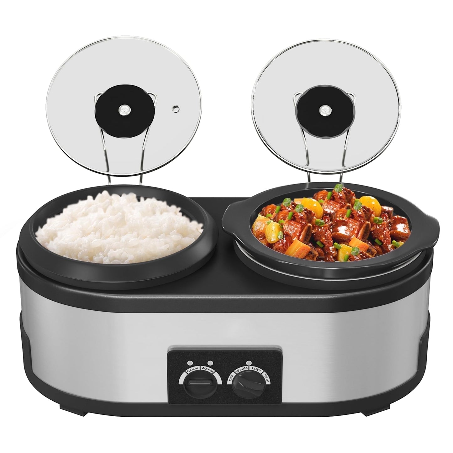Superjoe 2 in 1 Double Slow Cooker, Combo Rice Cooker and 1.5 Quart Slow Cooker with 3 Cooking Settings, 3- Cup Non-Stick Aluminum Pot, Glass Lid, Stainless Steel