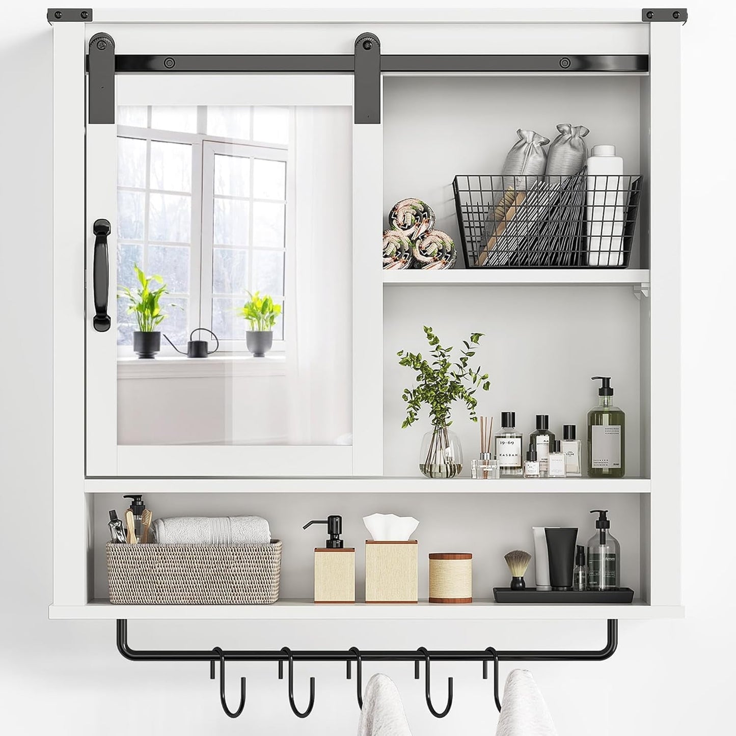 Superjoe 28in Bathroom Cabinet Wall Mount with Sliding Mirror Door, Over The Toilet Storage Cabinet, Farmhouse Medicine Cabinet with Shelves and Towel Bar for Living Room, 28" W x 29" H, White