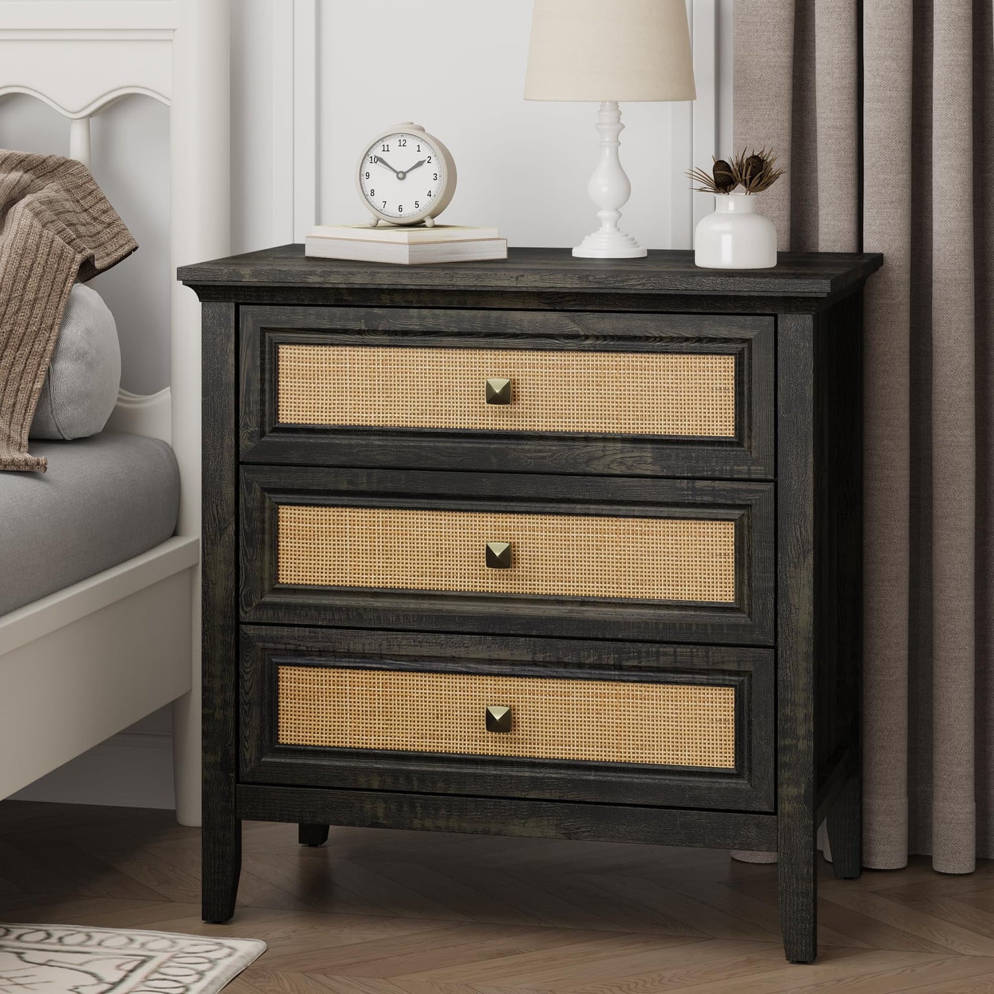 Superjoe 3 Drawer Nightstand, Rattan Dresser Table with Cane Drawers, Tall Boho Bedside Table Cabinet for Bedroom, Living Room, Entryway, Hallway, Coffee