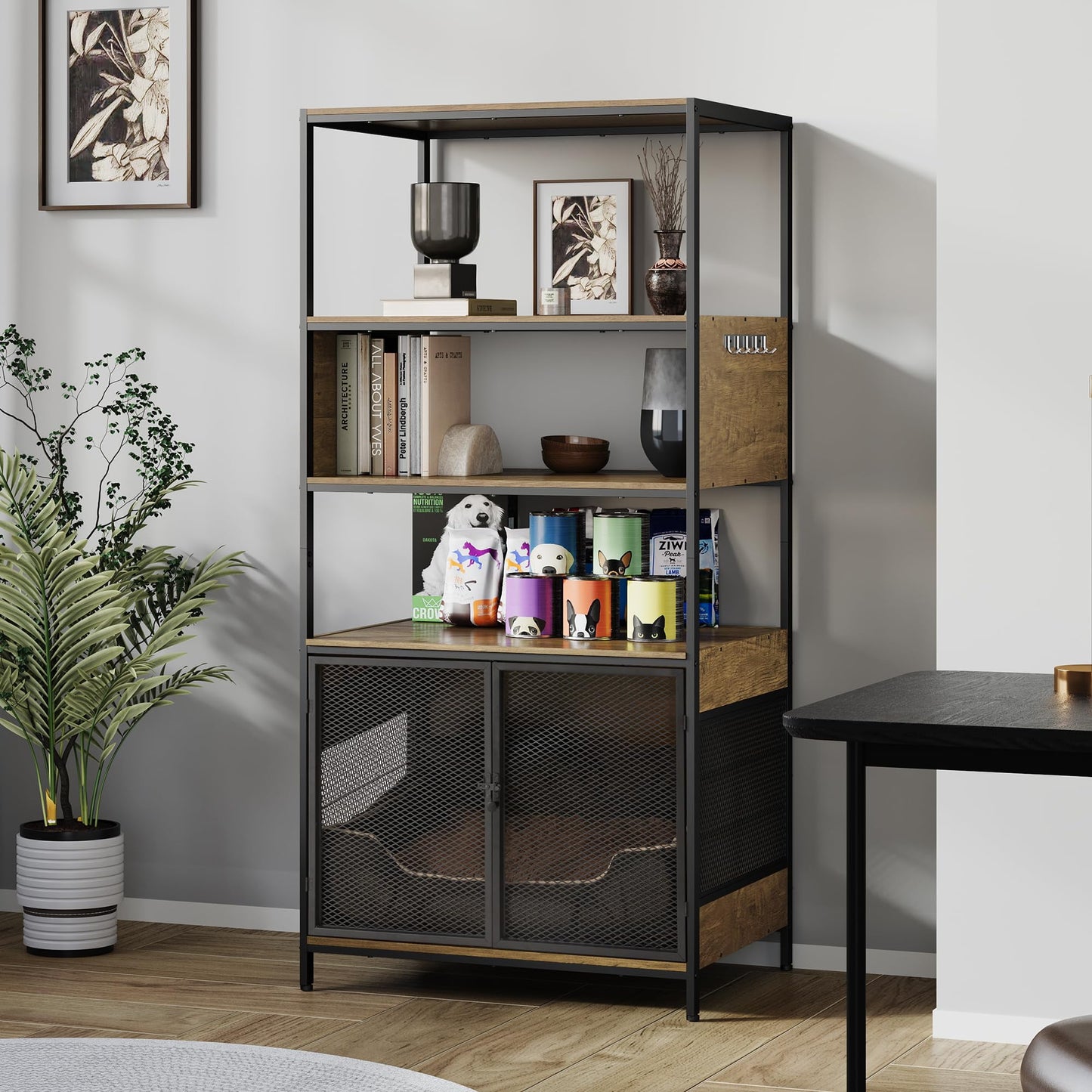 Superjoe Industrial Bookshelf, Standing Display Shelf with 2 Dog Bowls, Metal and Wood Bookshelf, Dog Feeder Station with Shelves, Brown