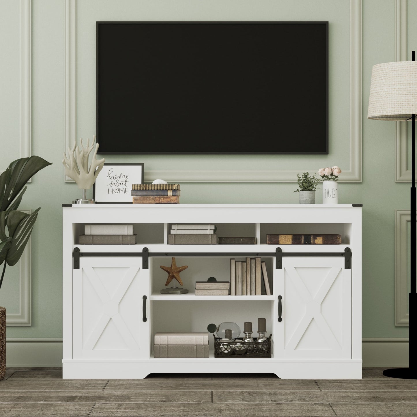 Superjoe Farmhouse Sliding Barn Door TV Stand for TVs up to 70", Modern Wood Tall Entertainment Center Media Console Storage Cabinet for Living Room Bedroom, White