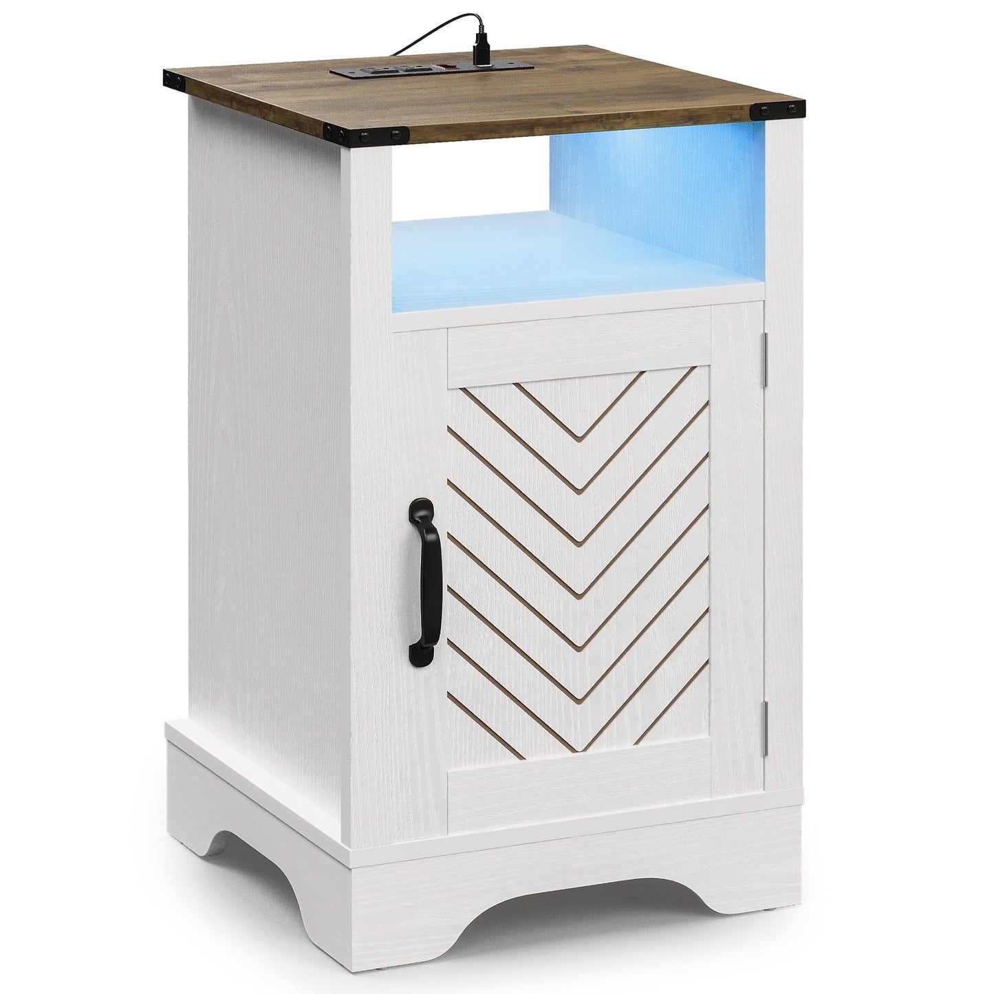 Superjoe LED Nightstand with Charging Station, Bedside Table with Storage Cabinet and Shelf, Rustic End Table, Farmhouse Wooden Side Table, for Bedroom, Living Room, White and Rustic Oak