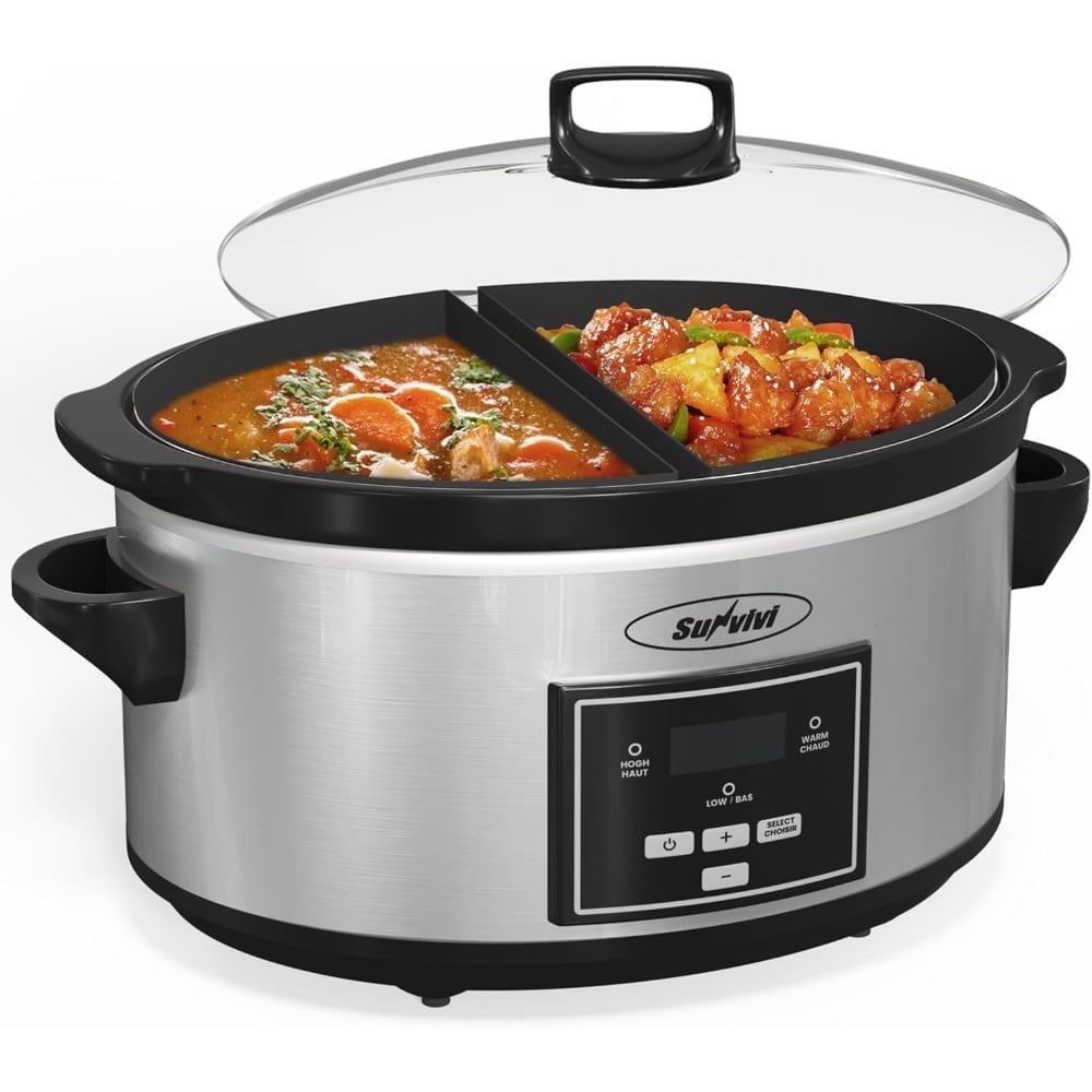 Superjoe Programmable Slow Cooker 6 Quart with 2 in 1 Silicone Liners, Multi-Cooker Food Warmer with Digital Timer, 3 Cooking Settings, Dishwasher-Safe Removable Ceramic Pot & Lid, Silver.