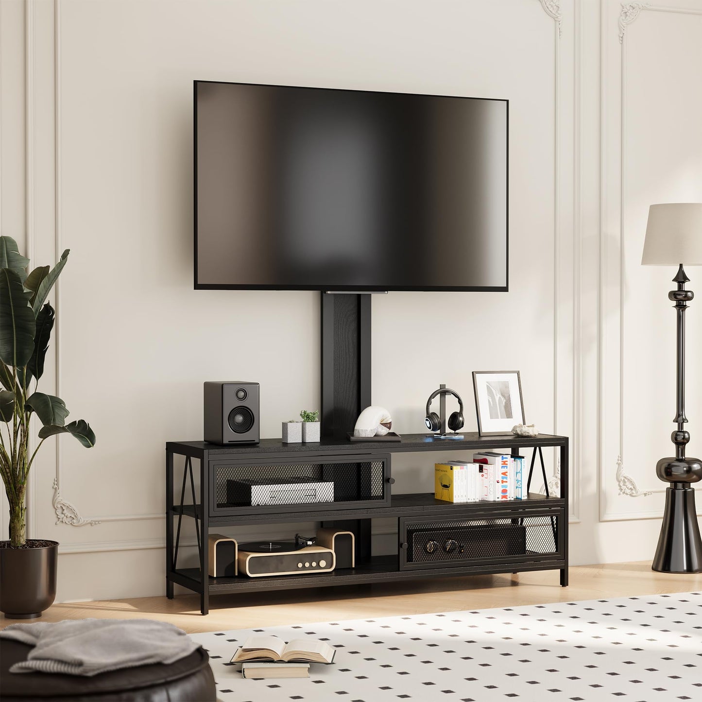 Superjoe TV Stand with Mount and LED Light, Swivel Entertainment Center for TVs 32-65 Inches, 3-Tier Gaming Media Console Tablefor Living Room, Bedroom, Office, Black