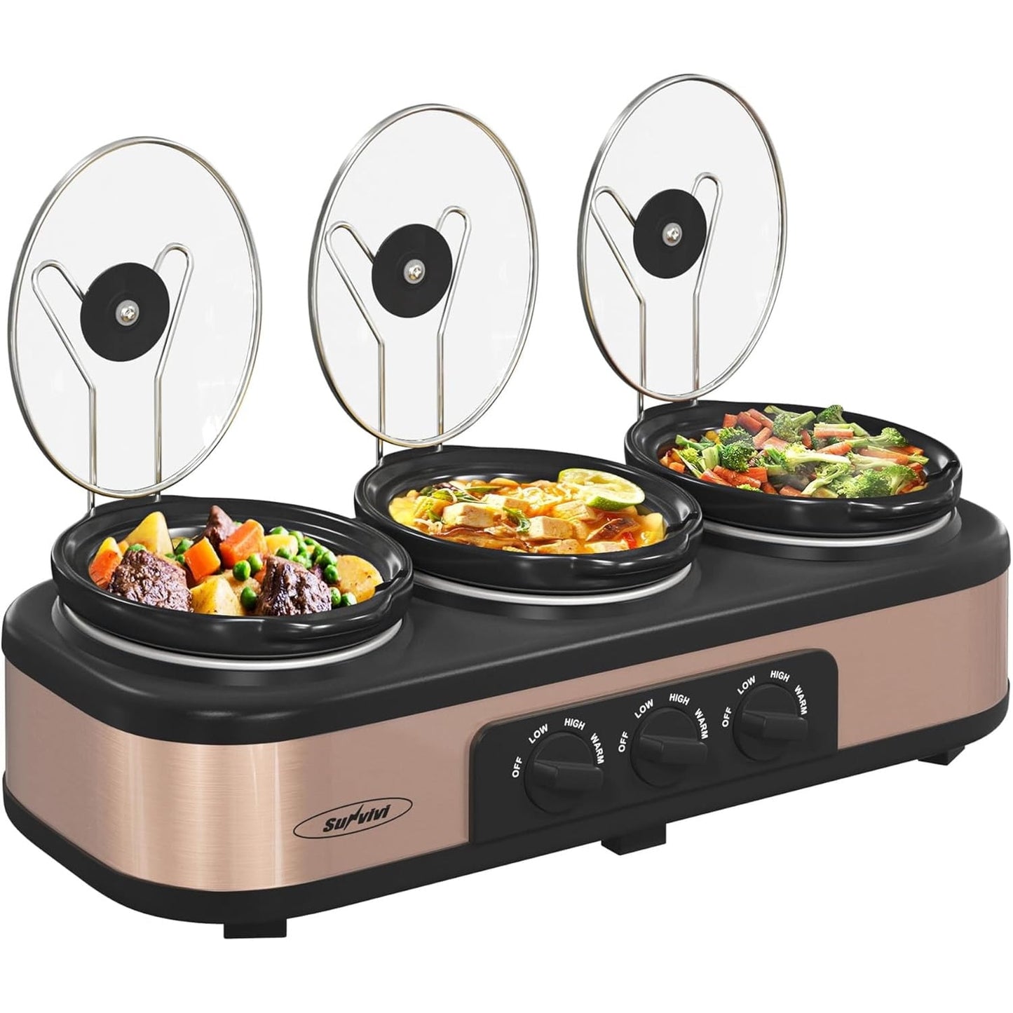 Superjoe Triple Slow Cooker Buffet Servers and Warmer,3 Pot Food Small Mini Manual Slow Cooker with Adjustable Temp Stainless Steel Lid Rests,Removable Ceramic Pot,4.5 QT,Copper